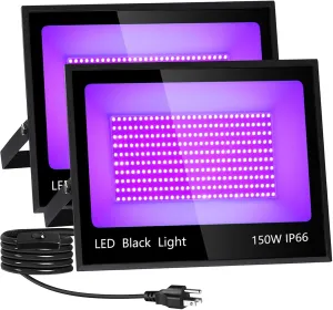 IP66 150W Blacklight with 10ft Cable, Waterproof Outdoor LED Black Light Floodlight with Switch&Plug for Neon Party, Halloween, Fluorescent, Birthday, Glow in The Dark, 2 Pack
