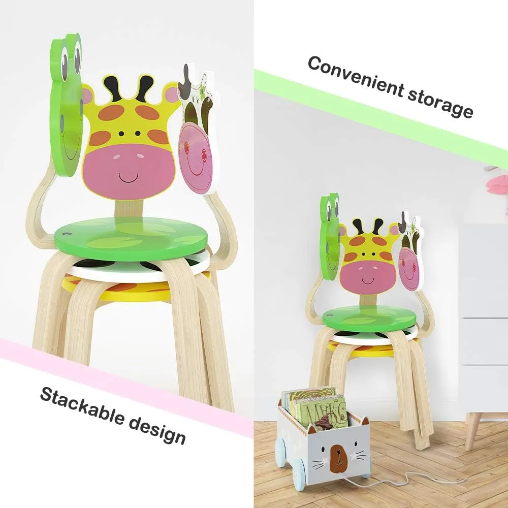 iPlay, iLearn 2 PCS Wooden Kids Chair Sets, Natural Hardwood Giraffe & Frog Animal Children Chairs, Furniture Set for Toddlers Kids Boys Girls, Stackable for Playroom, Nursery, Preschool, Kindergarten