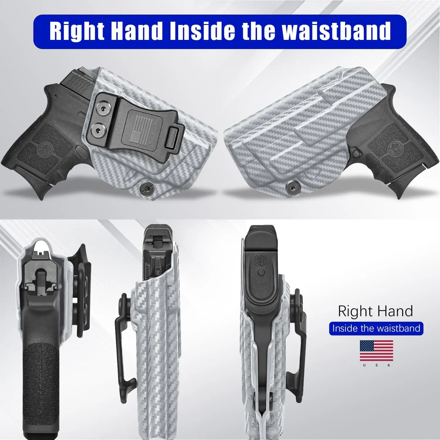 IWB KYDEX Universal Gun Holster, Adjustable Cant & 'Posi-Click' Retention, Inside Waistband Concealed Carry Holster Compatible with Multiple Glock, Smith Wesson, Sig, Ruger Models Grey Carbon Fiber