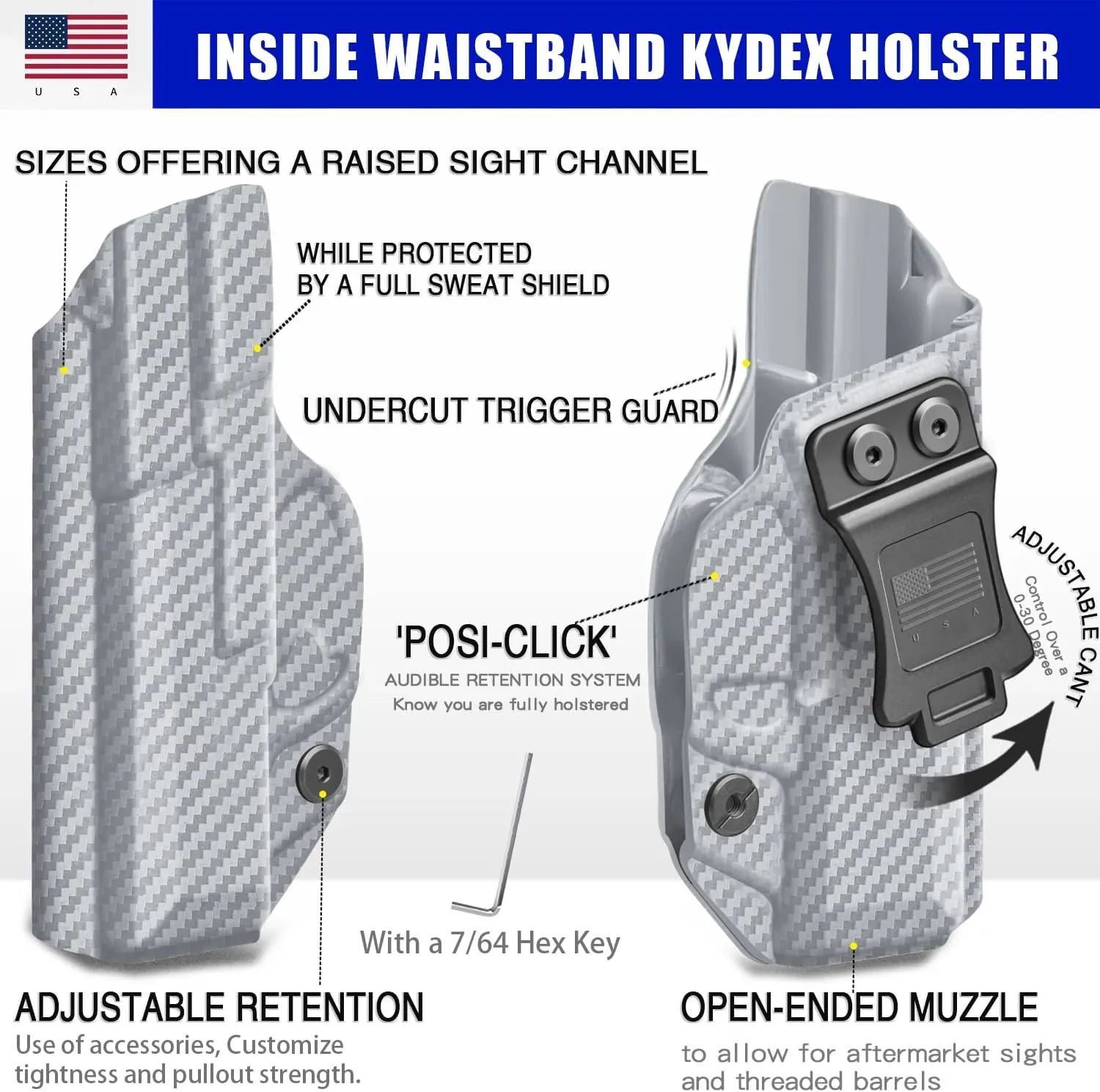 IWB KYDEX Universal Gun Holster, Adjustable Cant & 'Posi-Click' Retention, Inside Waistband Concealed Carry Holster Compatible with Multiple Glock, Smith Wesson, Sig, Ruger Models Grey Carbon Fiber