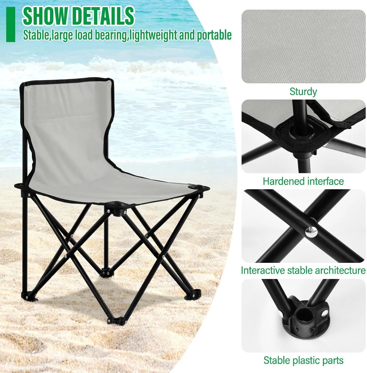 J JOYSAY Light Grey Portable Camping Chair Lightweight Outdoor Folding Chair for Adults Beach Chair for Outside Camping Sports Beach Travel Hiking