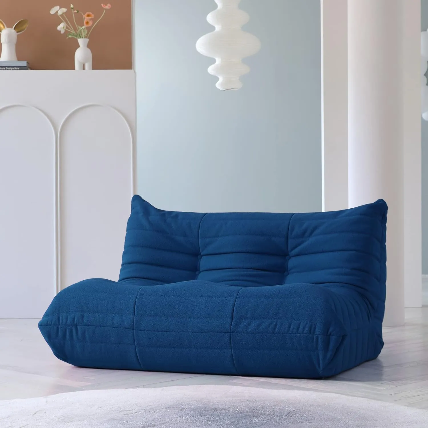 JACH 53" Lazy Floor Sofa Couch, 2-Seat Teddy Velvet Mohair Fireside Corner Bean Bag Chairs for Adults, Soft Lounge Foam-Filled Accent Chair for Living Room Bedroom Office Salon, Blue