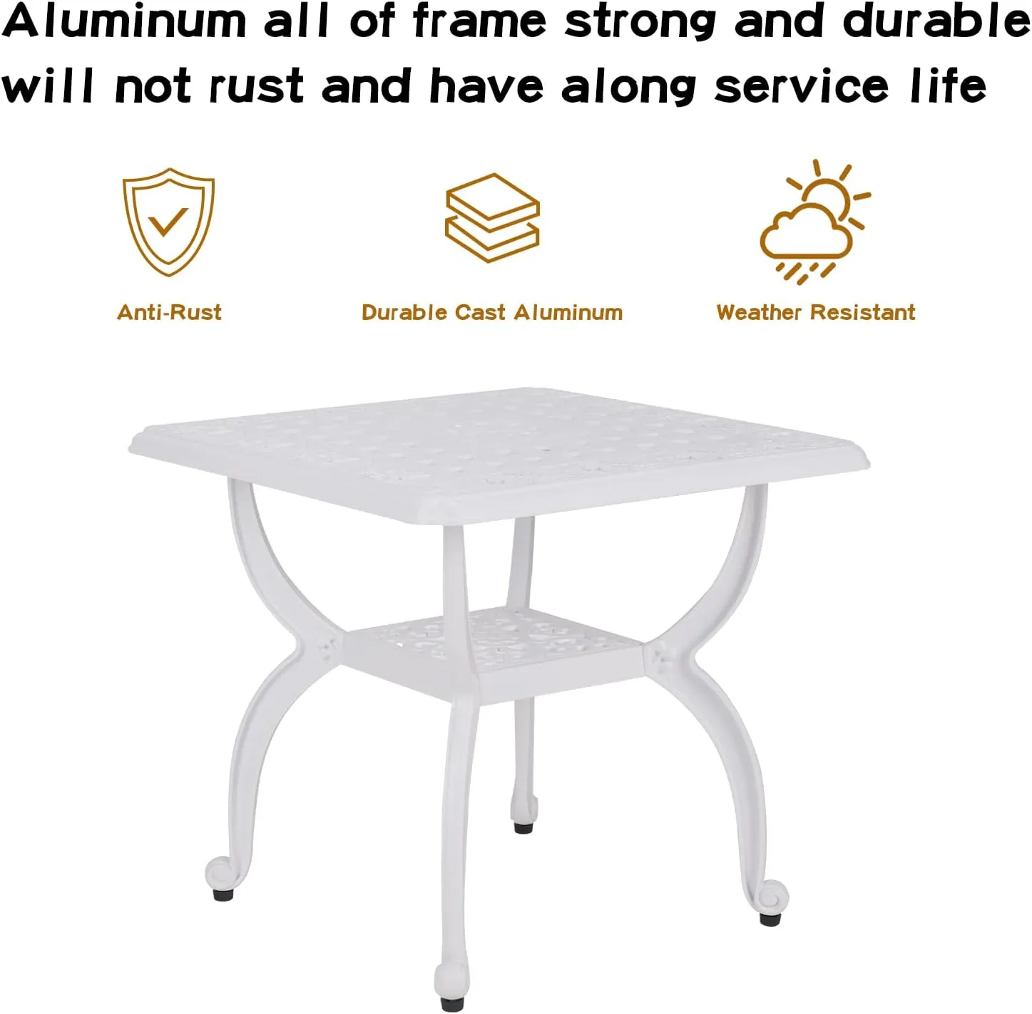 JARDIN DE CENTENNIAL Cast Aluminum Outdoor Side Table,Anti-Rust Outdoor End Table,Patio Coffee Bistro Table for Indoor,Garden,Porch,Balcony(Square White)