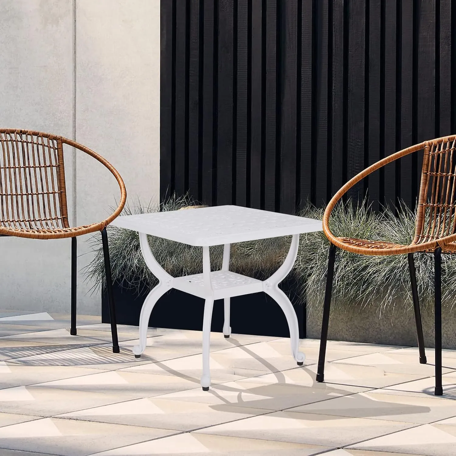 JARDIN DE CENTENNIAL Cast Aluminum Outdoor Side Table,Anti-Rust Outdoor End Table,Patio Coffee Bistro Table for Indoor,Garden,Porch,Balcony(Square White)