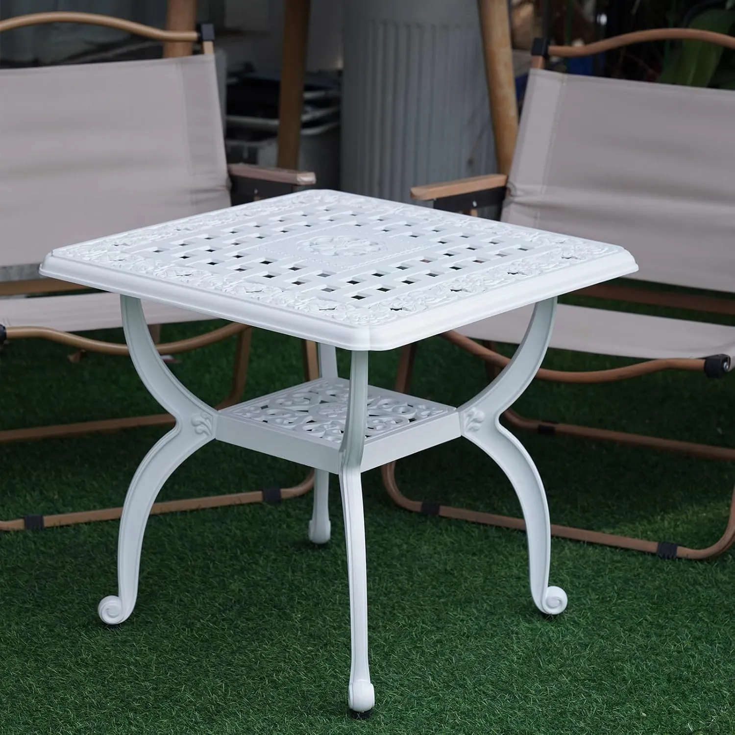 JARDIN DE CENTENNIAL Cast Aluminum Outdoor Side Table,Anti-Rust Outdoor End Table,Patio Coffee Bistro Table for Indoor,Garden,Porch,Balcony(Square White)