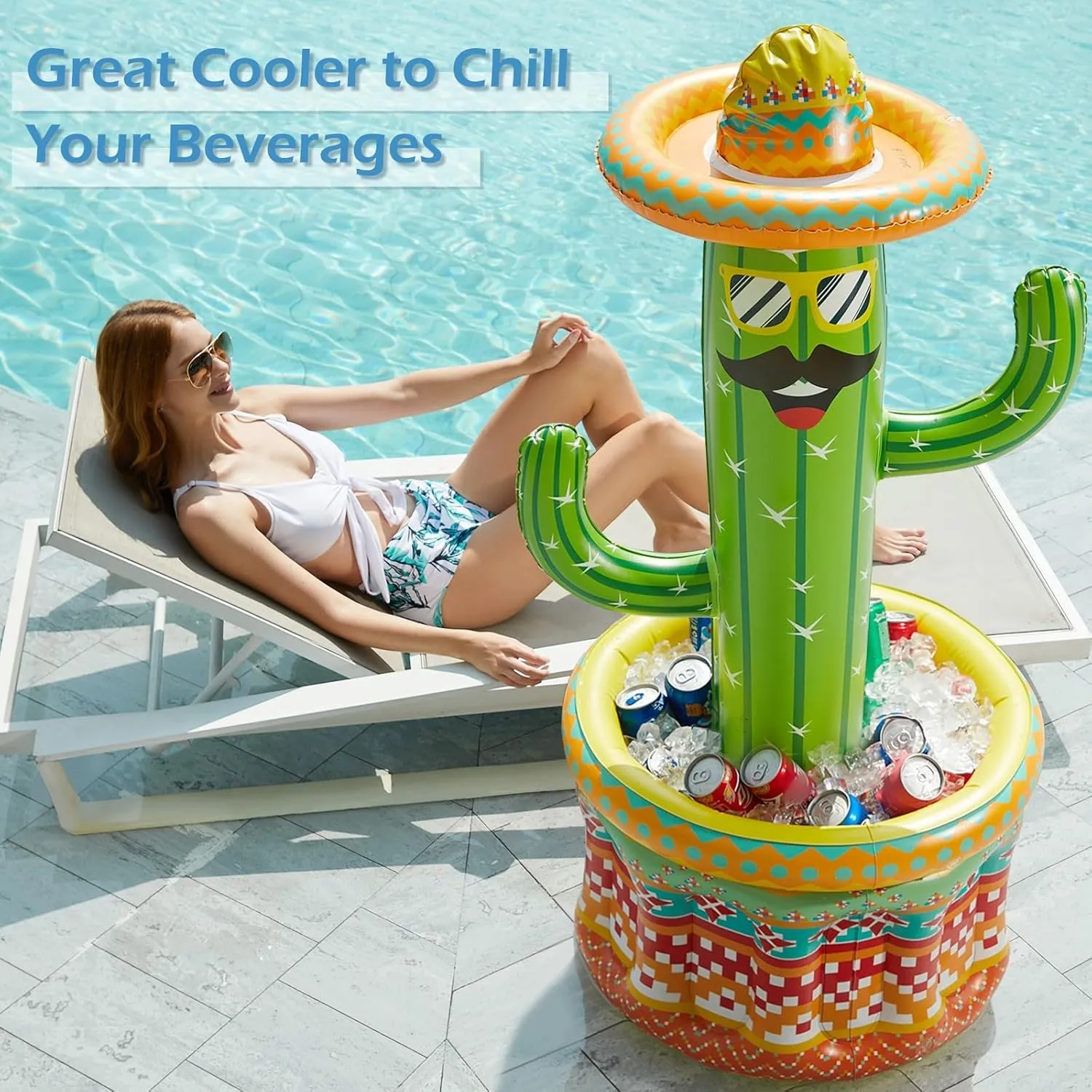 Jasonwell Inflatable Pool Party Cooler - Fiesta Cactus Ice Bucket Luau Hawaiian Tropical Beach Themed Birthday Easter Party Decorations Favors Supplies Decor Blow Up Drink Cooler Outdoor Kids Adults