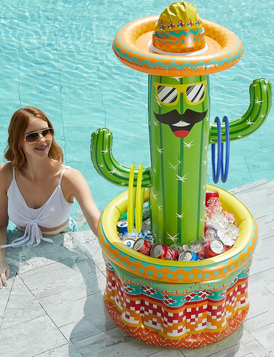 Jasonwell Inflatable Pool Party Cooler - Fiesta Cactus Ice Bucket Luau Hawaiian Tropical Beach Themed Birthday Easter Party Decorations Favors Supplies Decor Blow Up Drink Cooler Outdoor Kids Adults