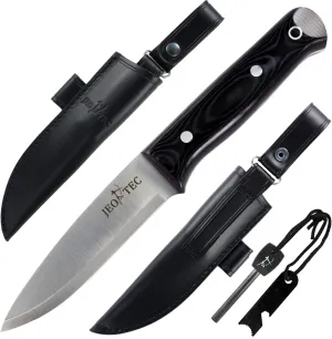 JEO-TEC Nº18 Bushcraft Survival Hunting Tactical Knife, Stainless Steel Sandvik 14C28N Scandi, Mikarta Handle, Leather Sheath   Firesteel, Handmade