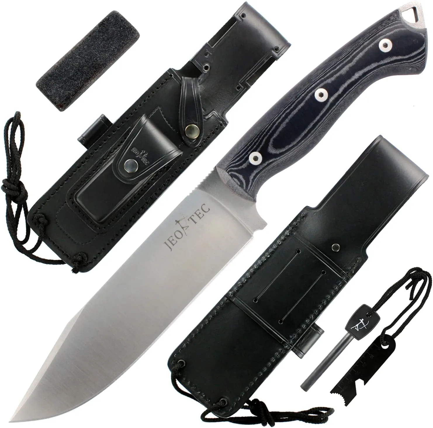 JEO-TEC Nº37 Bowie Bushcraft Survival Full Tang Fixed Blade Outdoor Camping Utility Hunting Knife with Sheath Horizontal Vertical Carry |Fire Starter Scraper | Gift For Him