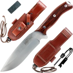 JEO-TEC Nº9 Bushcraft Survival Hunting Camping Fixed Blade Knife, MOVA Stainless Steel, Full Tang 11" Overall, Cocobolo Wood Handle, Leather Sheath, Firesteel, Handmade