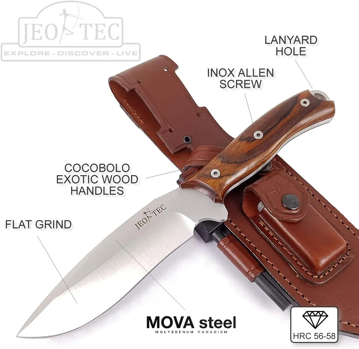JEO-TEC Nº9 Bushcraft Survival Hunting Camping Fixed Blade Knife, MOVA Stainless Steel, Full Tang 11" Overall, Cocobolo Wood Handle, Leather Sheath, Firesteel, Handmade