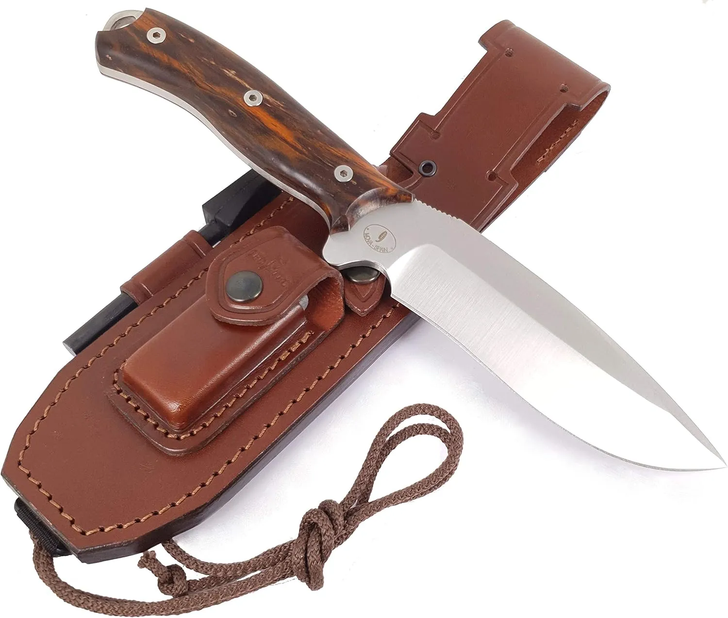 JEO-TEC Nº9 Bushcraft Survival Hunting Camping Fixed Blade Knife, MOVA Stainless Steel, Full Tang 11" Overall, Cocobolo Wood Handle, Leather Sheath, Firesteel, Handmade
