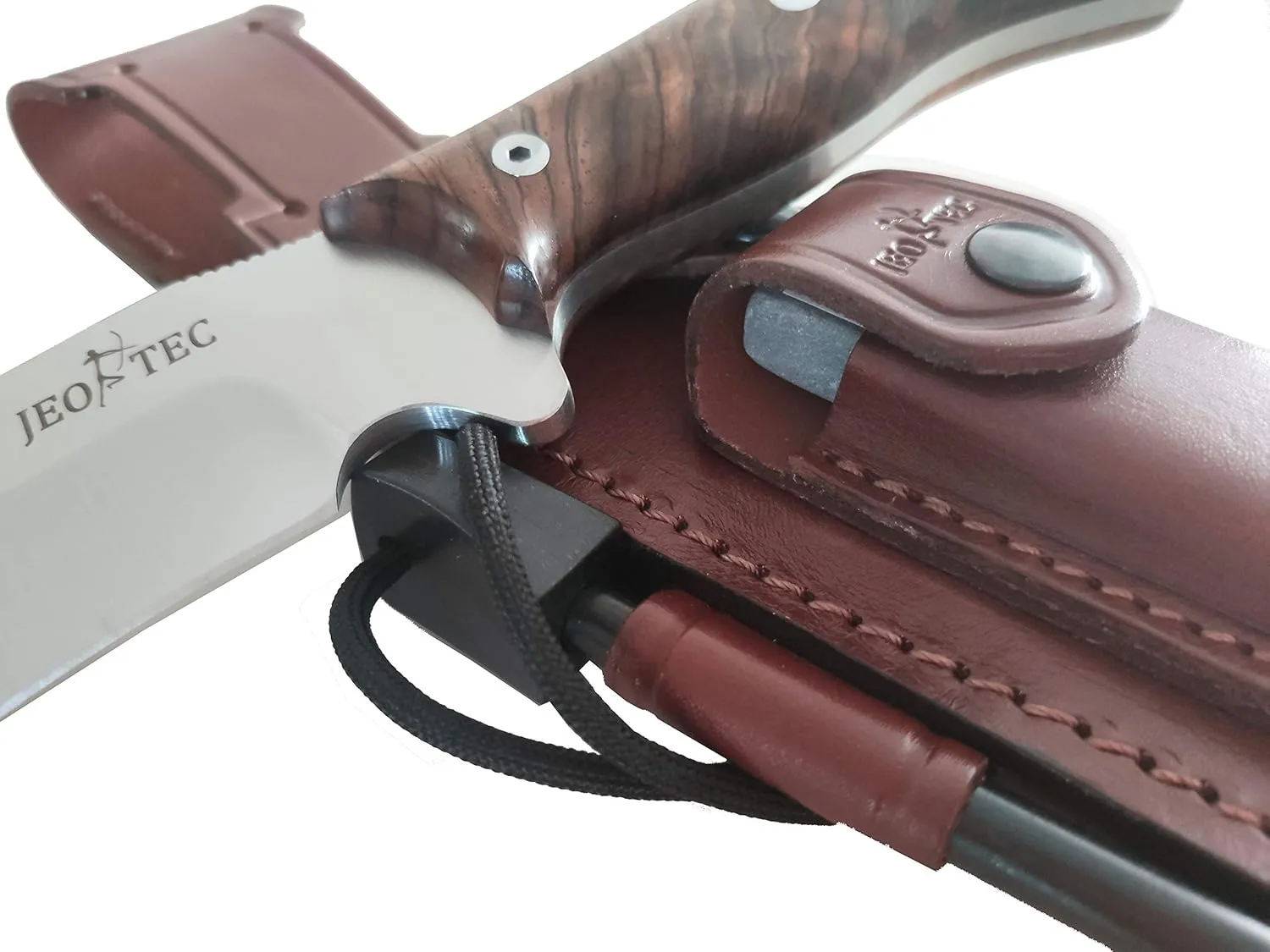 JEO-TEC Nº9 Bushcraft Survival Hunting Camping Fixed Blade Knife, MOVA Stainless Steel, Full Tang 11" Overall, Cocobolo Wood Handle, Leather Sheath, Firesteel, Handmade