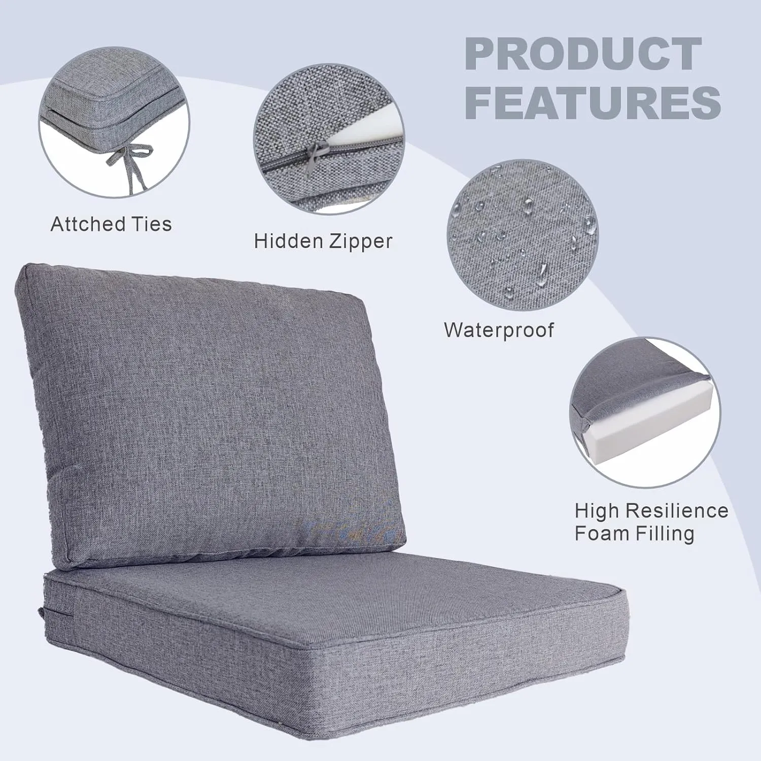 JMGBird Set of 2 Outdoor Cushion Tufted Pillow, Deep Seat Outdoor Chair Cushion 22"x22" Patio Cushions for Outdoor Furniture Grey