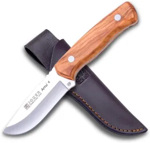 Joker Bushcraft Arrui 9" CO64 Knife, 3.54 inches Blade, Olive Wood Handle, Includes Brown Leather Sheath, Tool for Fishing, Hunting, Camping and Hiking