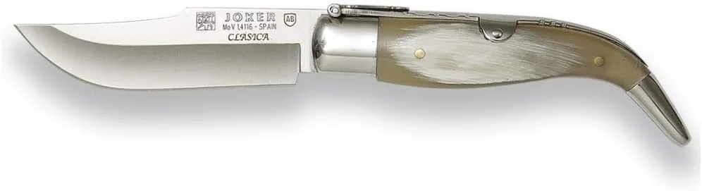 Joker Pocket Knife Classic NA109 Albacete with Bull Horn Handle, Blade 3.14 inches MOVA Stainless Steel, Includes Sheath, Fishing Tool, Hunting, Camping and Hiking