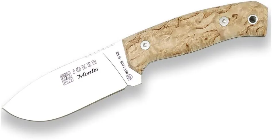 Joker "Montés CL59 Full Tang Hunting Knife, Curly Birch Handle, 4.1 in. Blade, with Brown Leather Sheath, Tool for Fishing, Hunting, Camping and Hiking