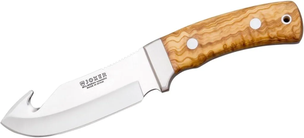 Joker Skinning Knife OSO-D CO55, Blade of 4.72 incches MOVA Steel, Olive Wood Handle, with Brown Leather Sheath, Tool for Fishing, Hunting, Camping and Hiking