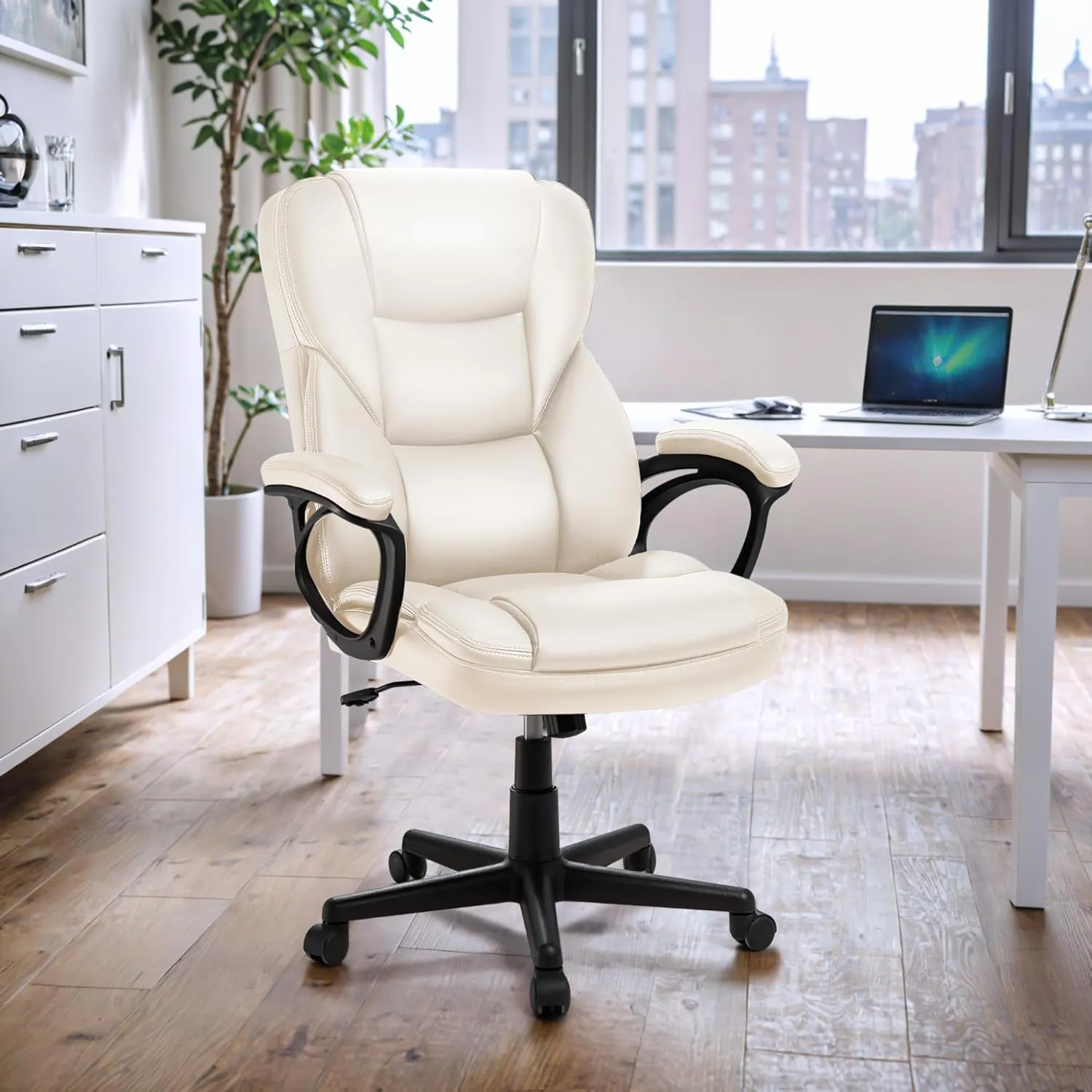 JUMMICO Executive Office Chair High Back Managerial Home Desk Chair, Adjustable Swivel Computer PU Leather Chair with Lumbar Support (Beige)