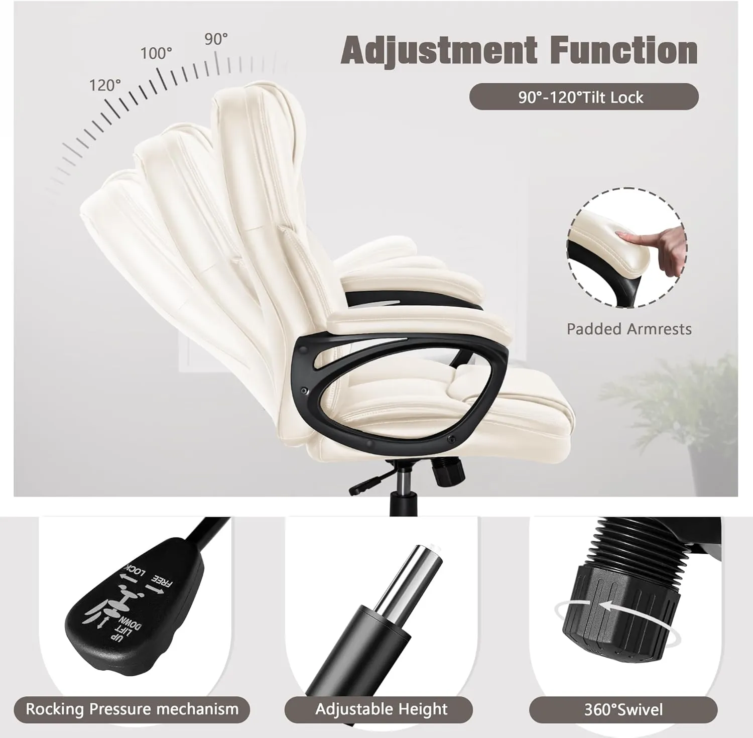 JUMMICO Executive Office Chair High Back Managerial Home Desk Chair, Adjustable Swivel Computer PU Leather Chair with Lumbar Support (Beige)