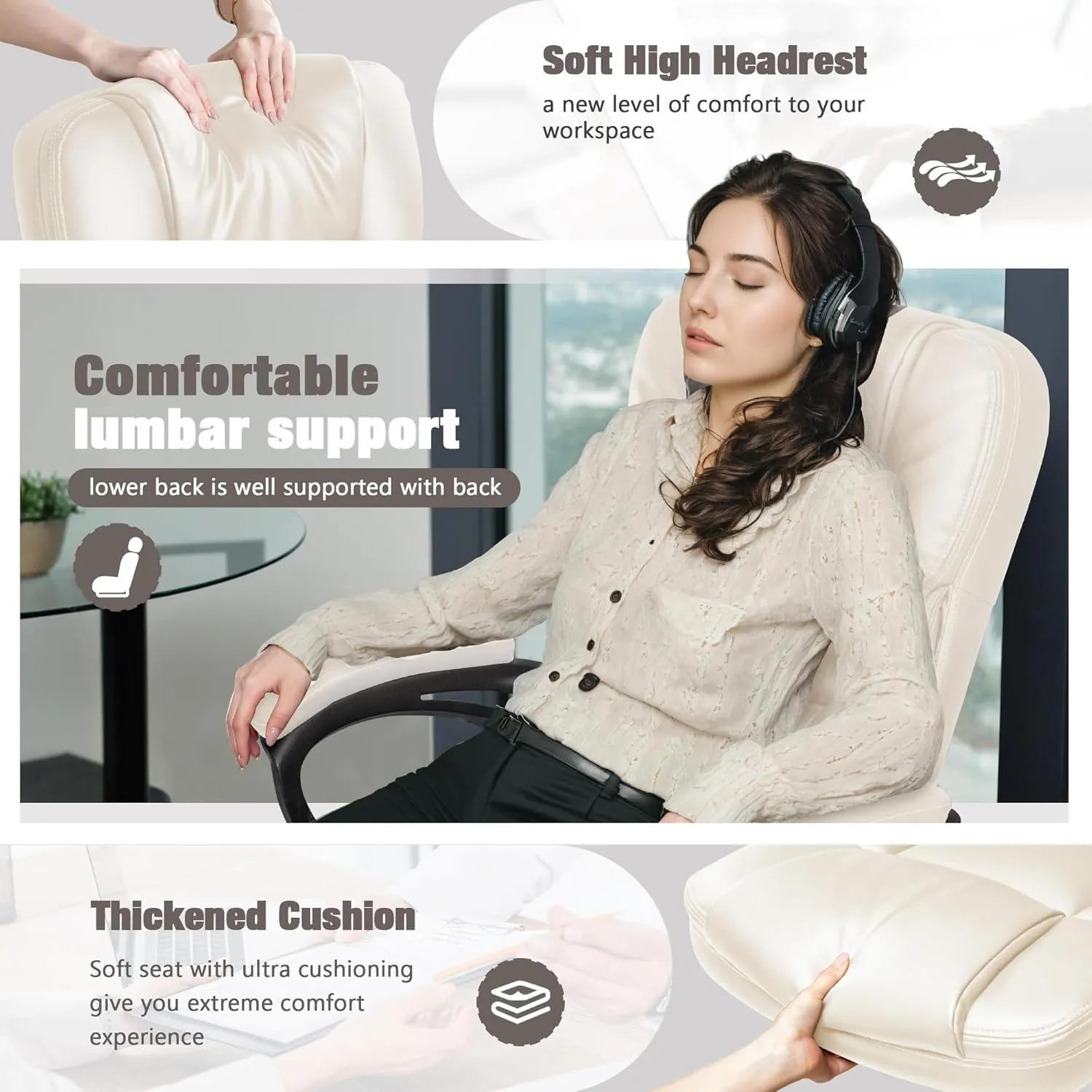 JUMMICO Executive Office Chair High Back Managerial Home Desk Chair, Adjustable Swivel Computer PU Leather Chair with Lumbar Support (Beige)