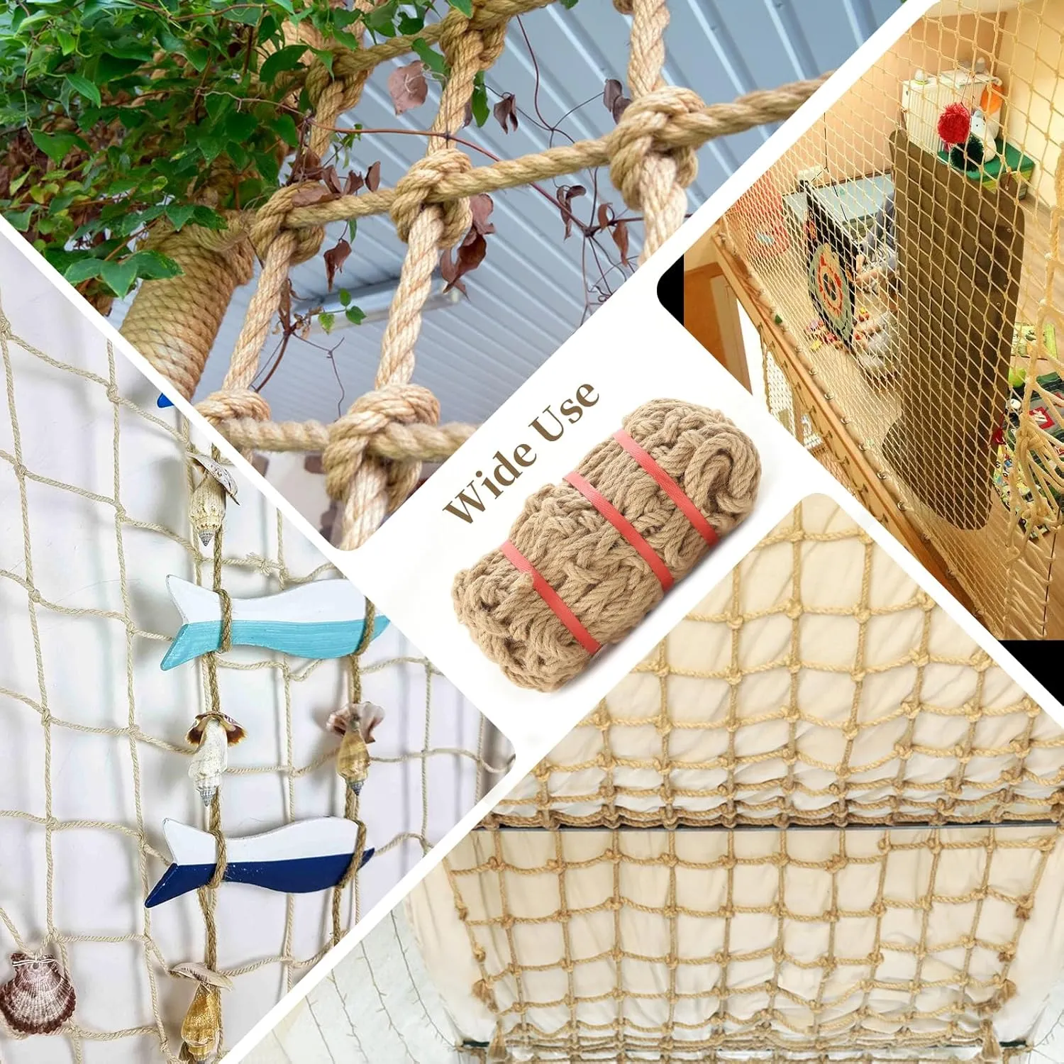 Jute Hemp Rope Net (6ftx12ft), Heavy Duty Natural Climbing Safety Rope Netting Balcony Stairs Fence Garden Playground Protection Net Indoor & Outdoor Decor Rope Net