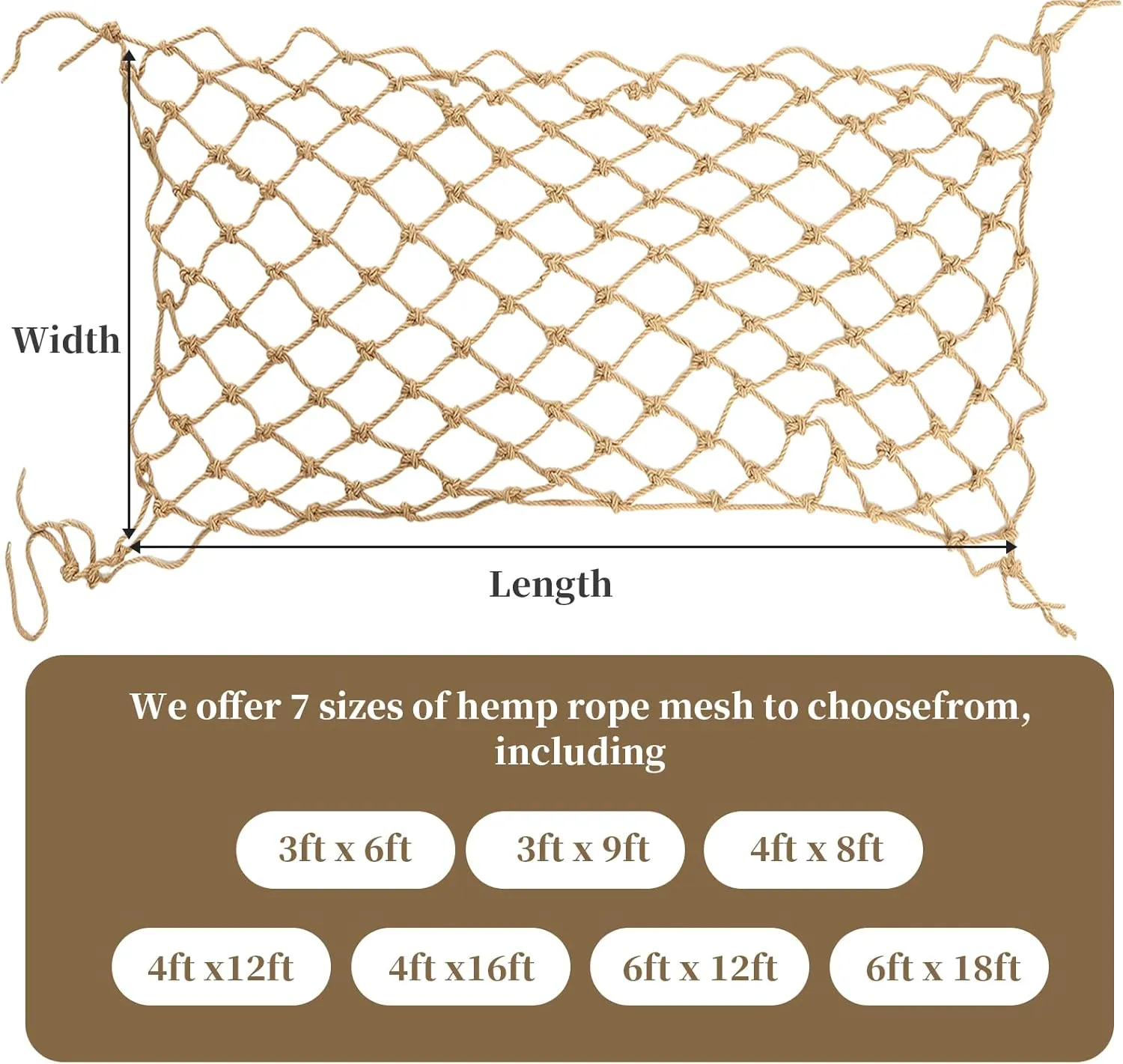 Jute Hemp Rope Net (6ftx12ft), Heavy Duty Natural Climbing Safety Rope Netting Balcony Stairs Fence Garden Playground Protection Net Indoor & Outdoor Decor Rope Net