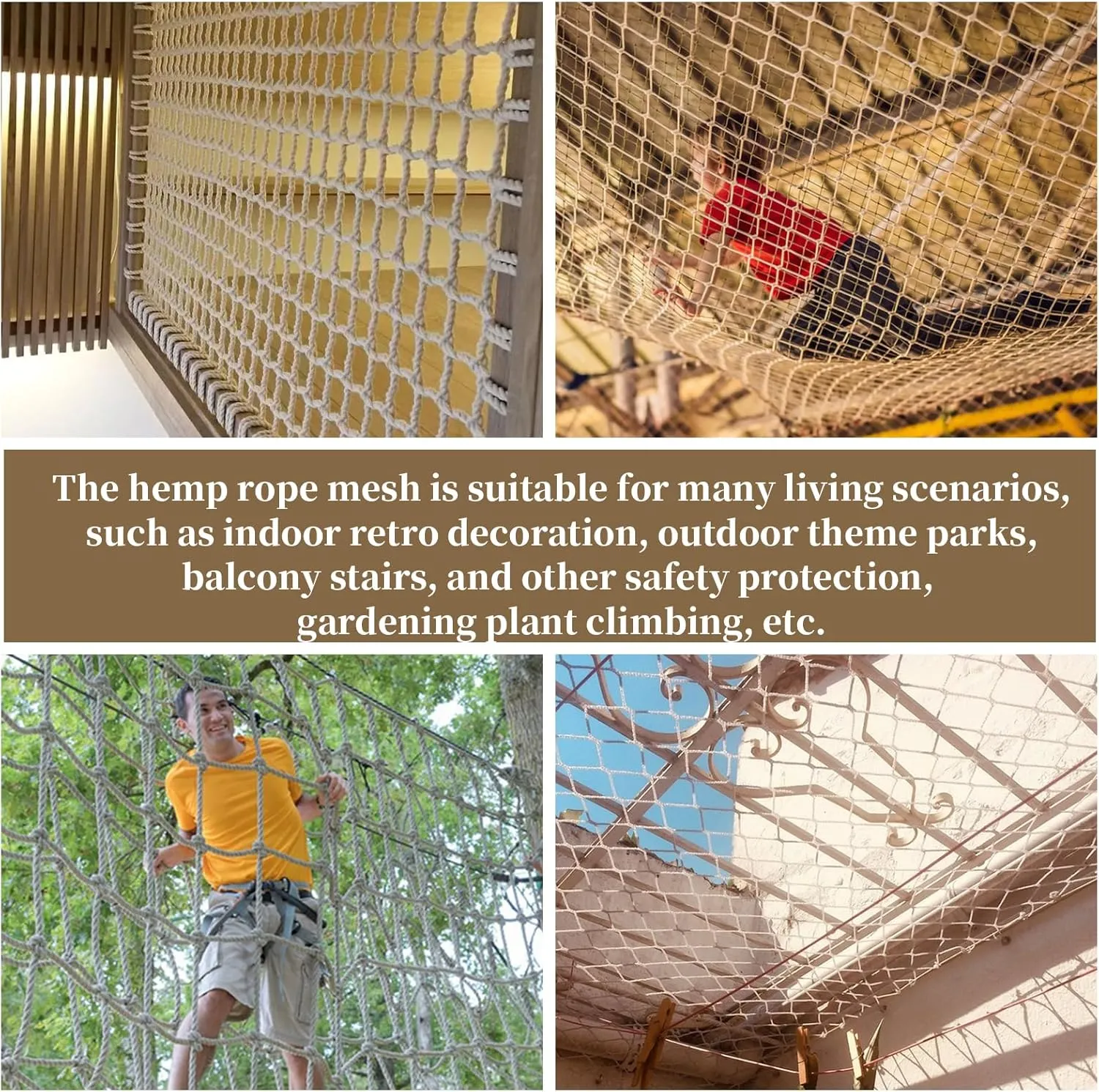 Jute Hemp Rope Net (6ftx12ft), Heavy Duty Natural Climbing Safety Rope Netting Balcony Stairs Fence Garden Playground Protection Net Indoor & Outdoor Decor Rope Net