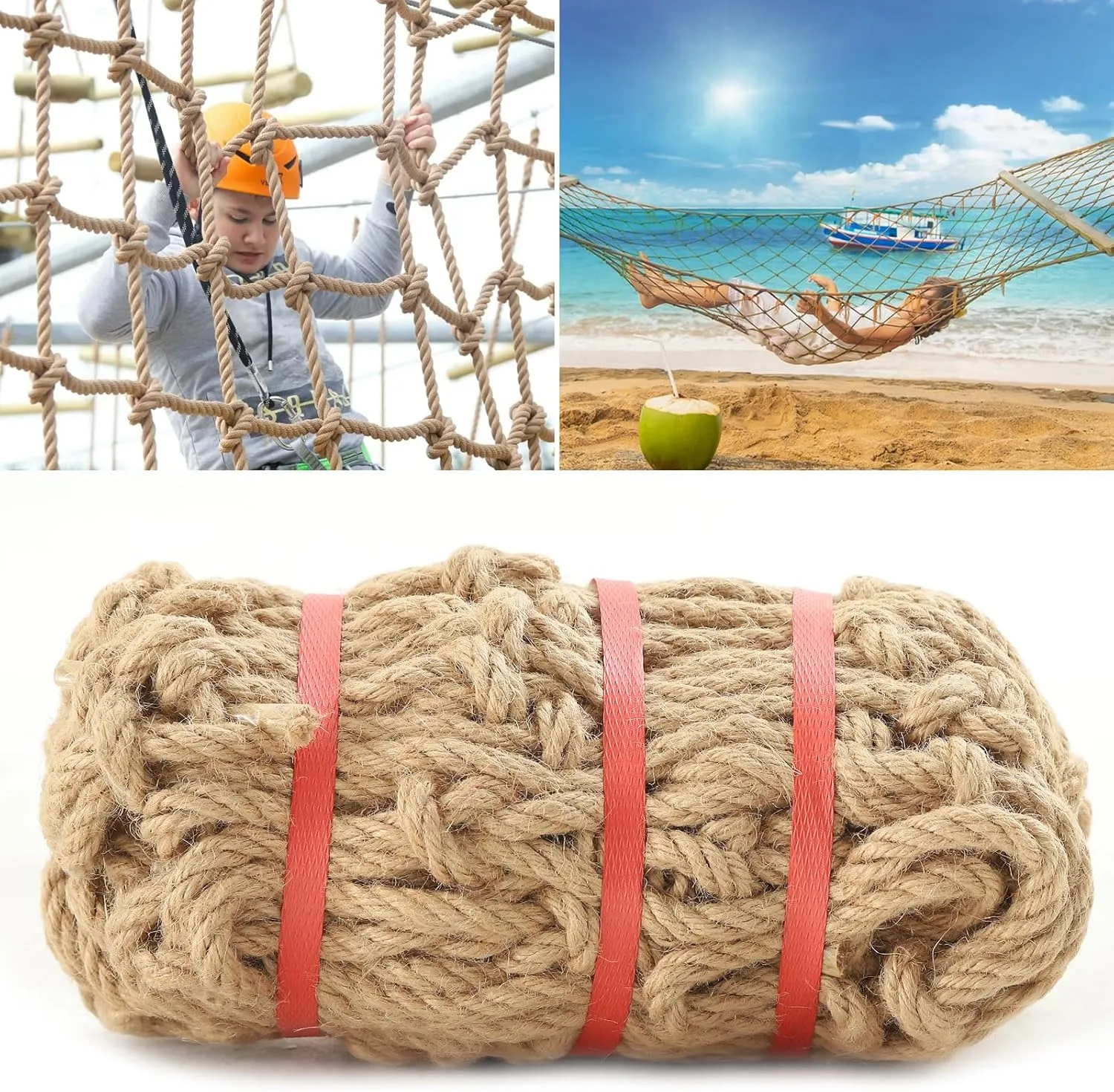 Jute Hemp Rope Net (6ftx12ft), Heavy Duty Natural Climbing Safety Rope Netting Balcony Stairs Fence Garden Playground Protection Net Indoor & Outdoor Decor Rope Net