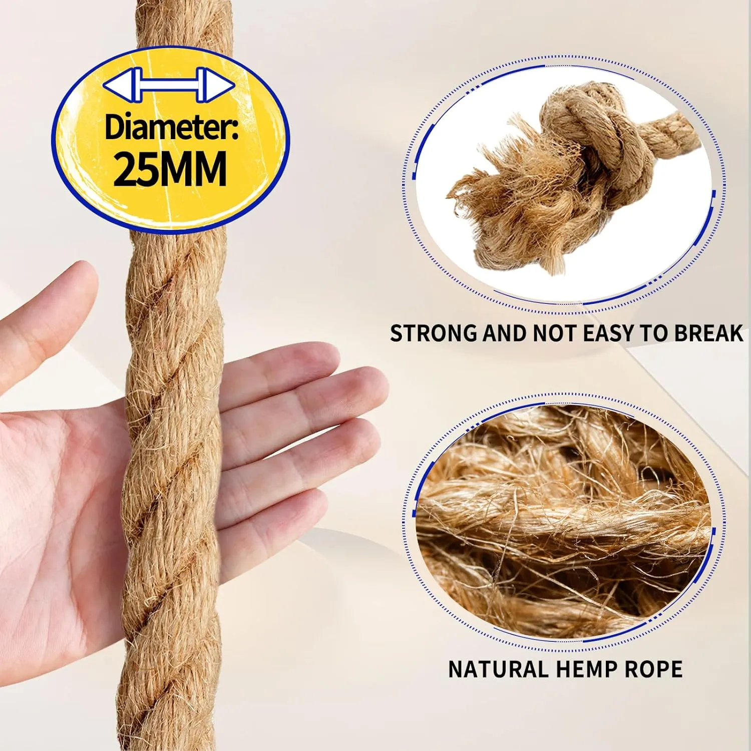 Jute Rope (1 in X 50 ft),Twisted Manila Rope,25mm Natural Thick Hemp Rope Heavy Duty Tug of War Ropes Thick Rope for Crafts Railing Gardening Bundling Hammocks Home Decorating
