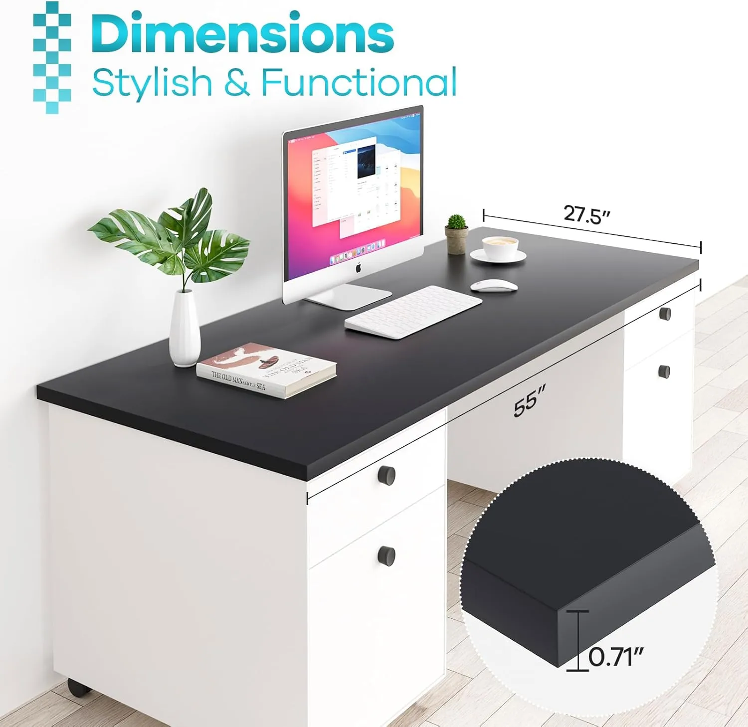 Kaboon Black Table Top Universal, Solid One-Piece Wood Desktop, Universal Wood Countertop, Reversible Melamine Top, Double Desks, Laundry Folding Table, L-Desk,27.5" D x 55" W