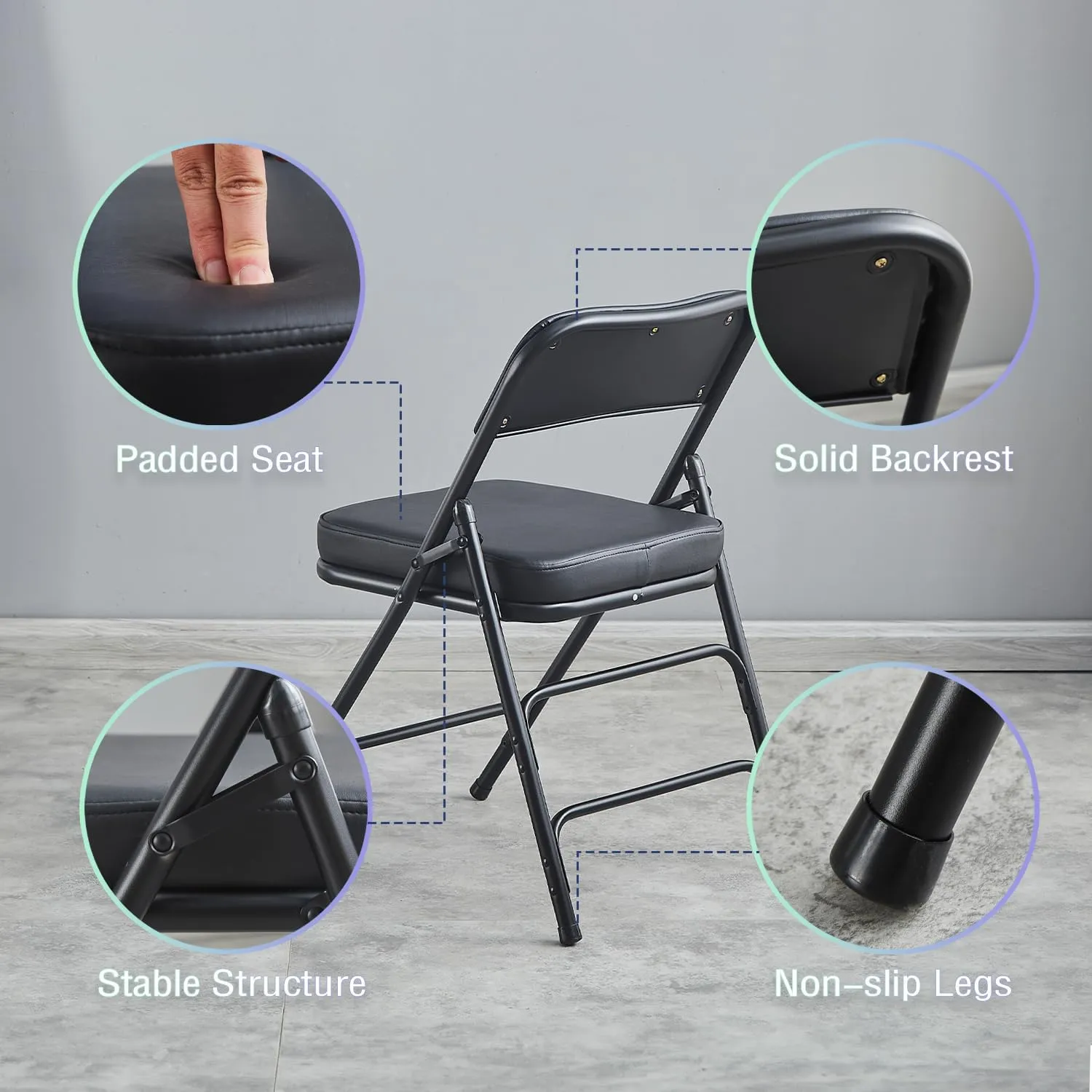 KAIHAOWIN 2 Pack Folding Chairs with Ultra Thick Padded Seat Foldable Chair Indoor Comfortable Metal Chairs with Soft Cushion-Black