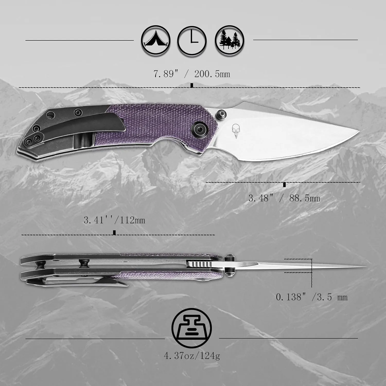 KANSEPT Fenrir Pocket Folding Knives for Men EDC Camping EDC Knives 3.48'' Stonewashed CPM S35VN Blade Camping Fishing Knives with Blackwash Titanium Purple Micarta Handle Everyday Carry K1034Z1