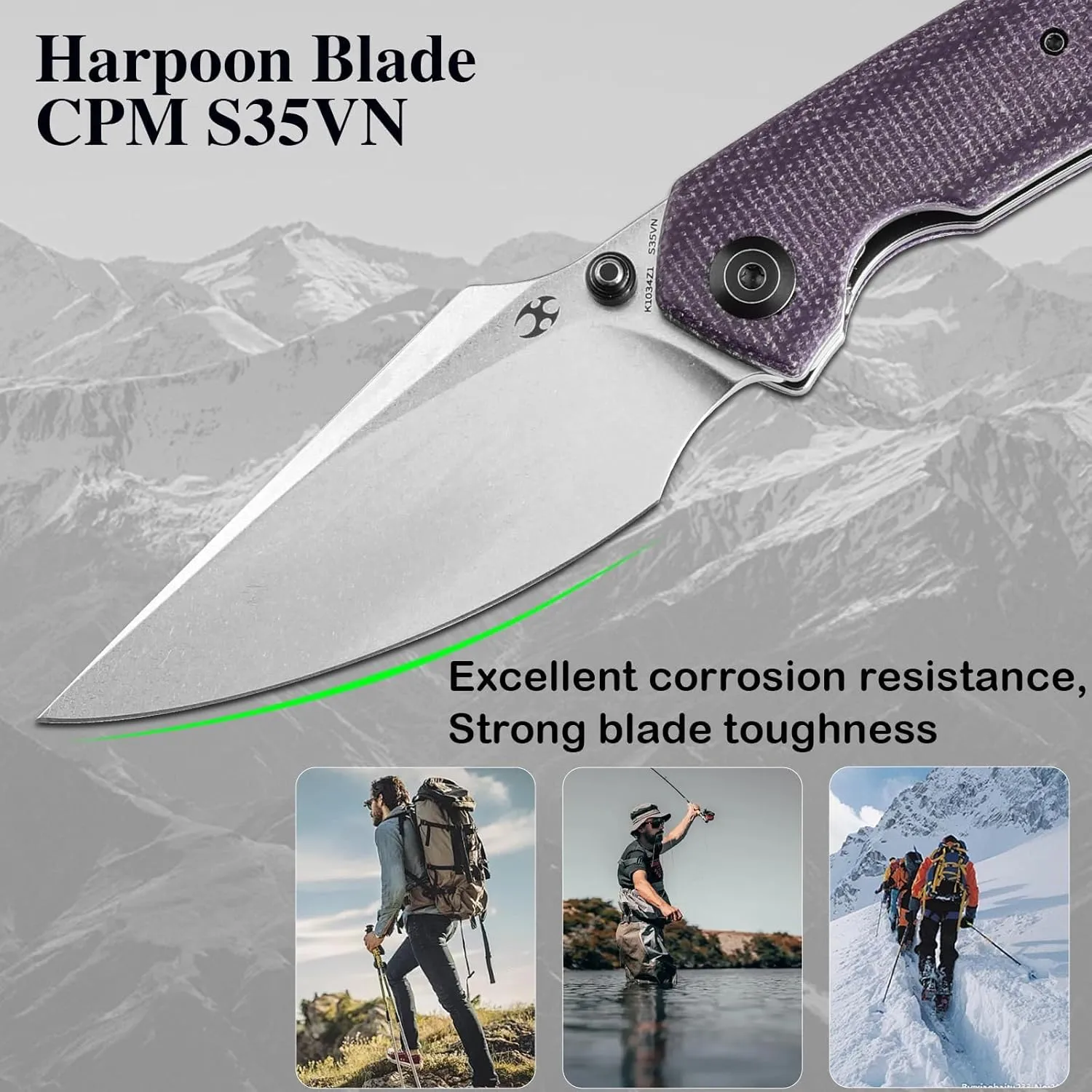 KANSEPT Fenrir Pocket Folding Knives for Men EDC Camping EDC Knives 3.48'' Stonewashed CPM S35VN Blade Camping Fishing Knives with Blackwash Titanium Purple Micarta Handle Everyday Carry K1034Z1