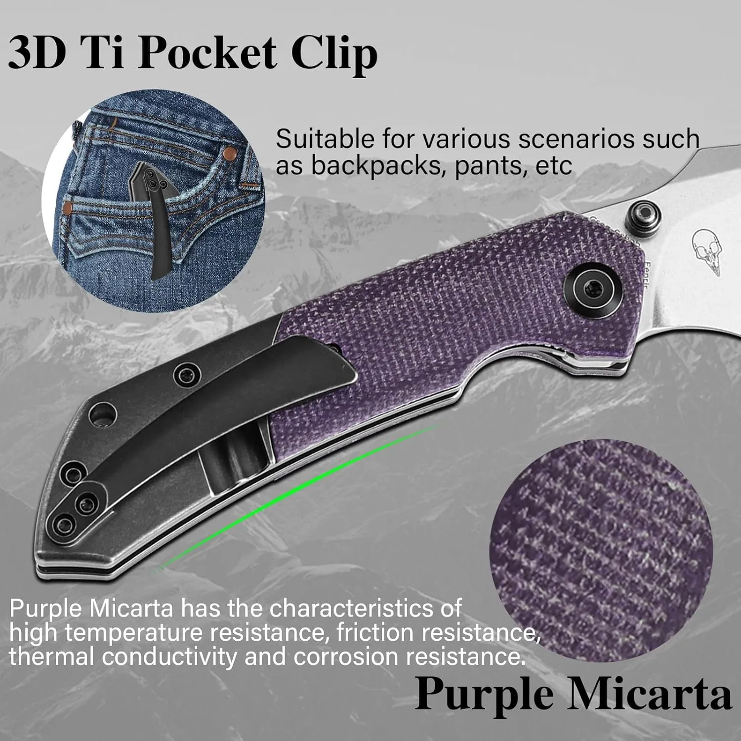 KANSEPT Fenrir Pocket Folding Knives for Men EDC Camping EDC Knives 3.48'' Stonewashed CPM S35VN Blade Camping Fishing Knives with Blackwash Titanium Purple Micarta Handle Everyday Carry K1034Z1
