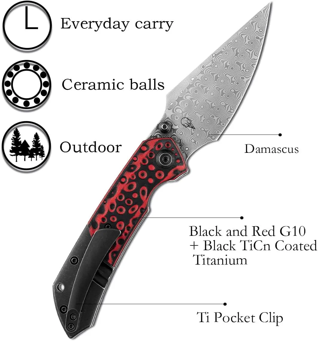 KANSEPT Fenrir Pocket Folding Knives for Men EDC Camping Knives 3.48'' Damascus Material Pocket Folding Knives with Black and Red G10   Black TiCn Coated Titanium Handle Everyday Carry K1034A2