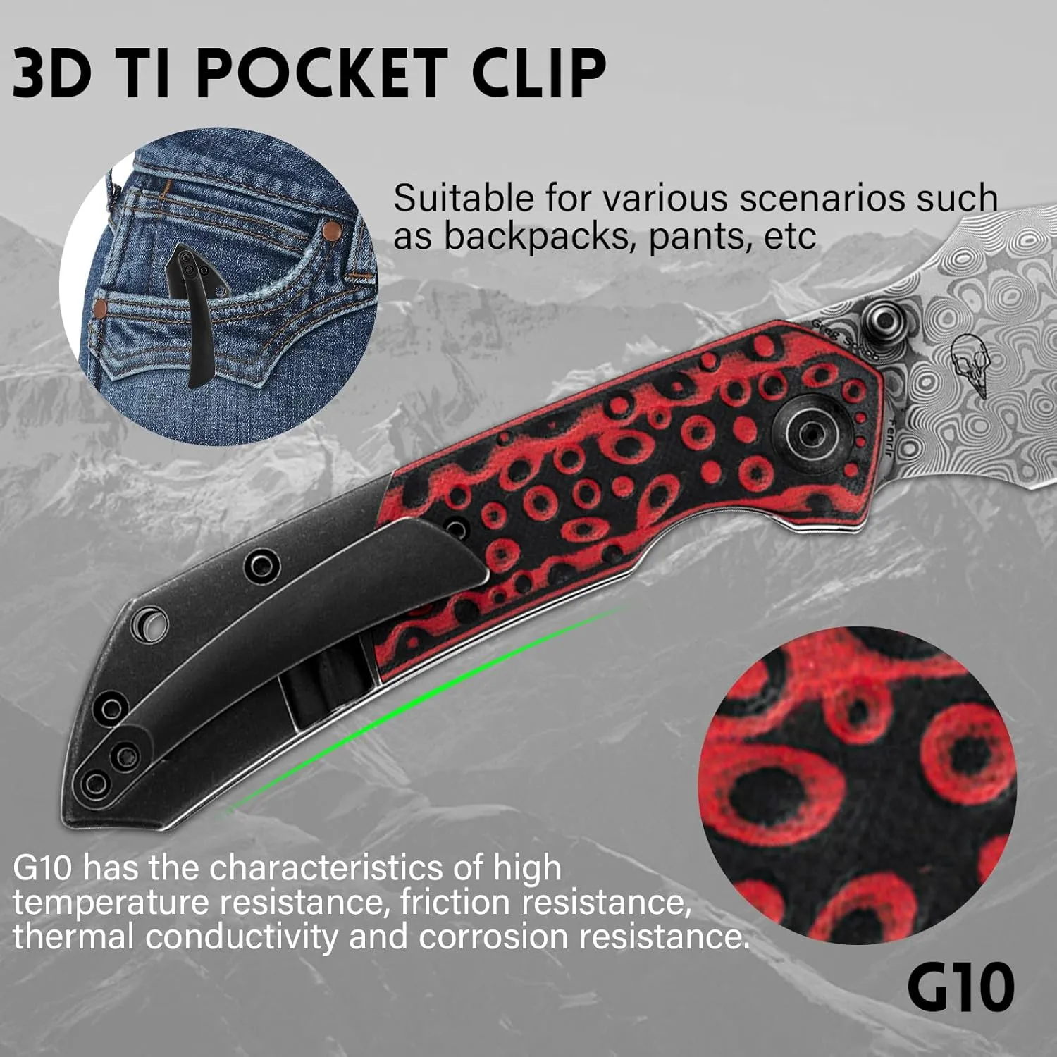 KANSEPT Fenrir Pocket Folding Knives for Men EDC Camping Knives 3.48'' Damascus Material Pocket Folding Knives with Black and Red G10   Black TiCn Coated Titanium Handle Everyday Carry K1034A2