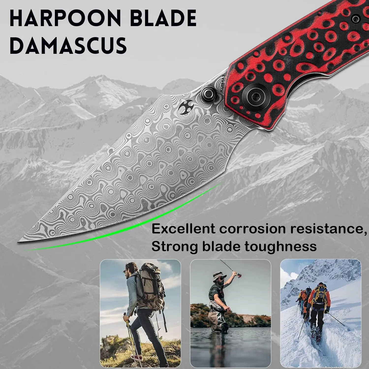 KANSEPT Fenrir Pocket Folding Knives for Men EDC Camping Knives 3.48'' Damascus Material Pocket Folding Knives with Black and Red G10   Black TiCn Coated Titanium Handle Everyday Carry K1034A2