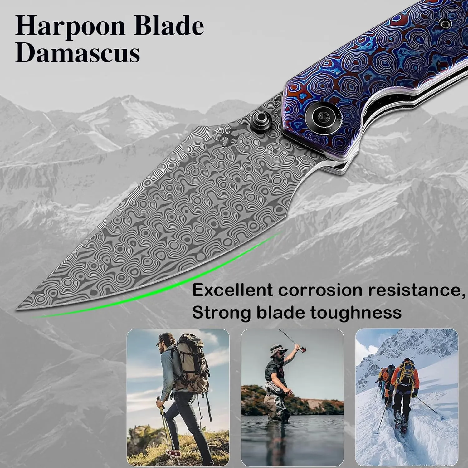 KANSEPT Fenrir Pocket Folding Knives for Men Women EDC Camping Fishing Knives 3.48'' Damascus Harpoon Blade Knives with Black Stonewashed Titanium Timascus Handle and Ti Clip Tactical K1034A8