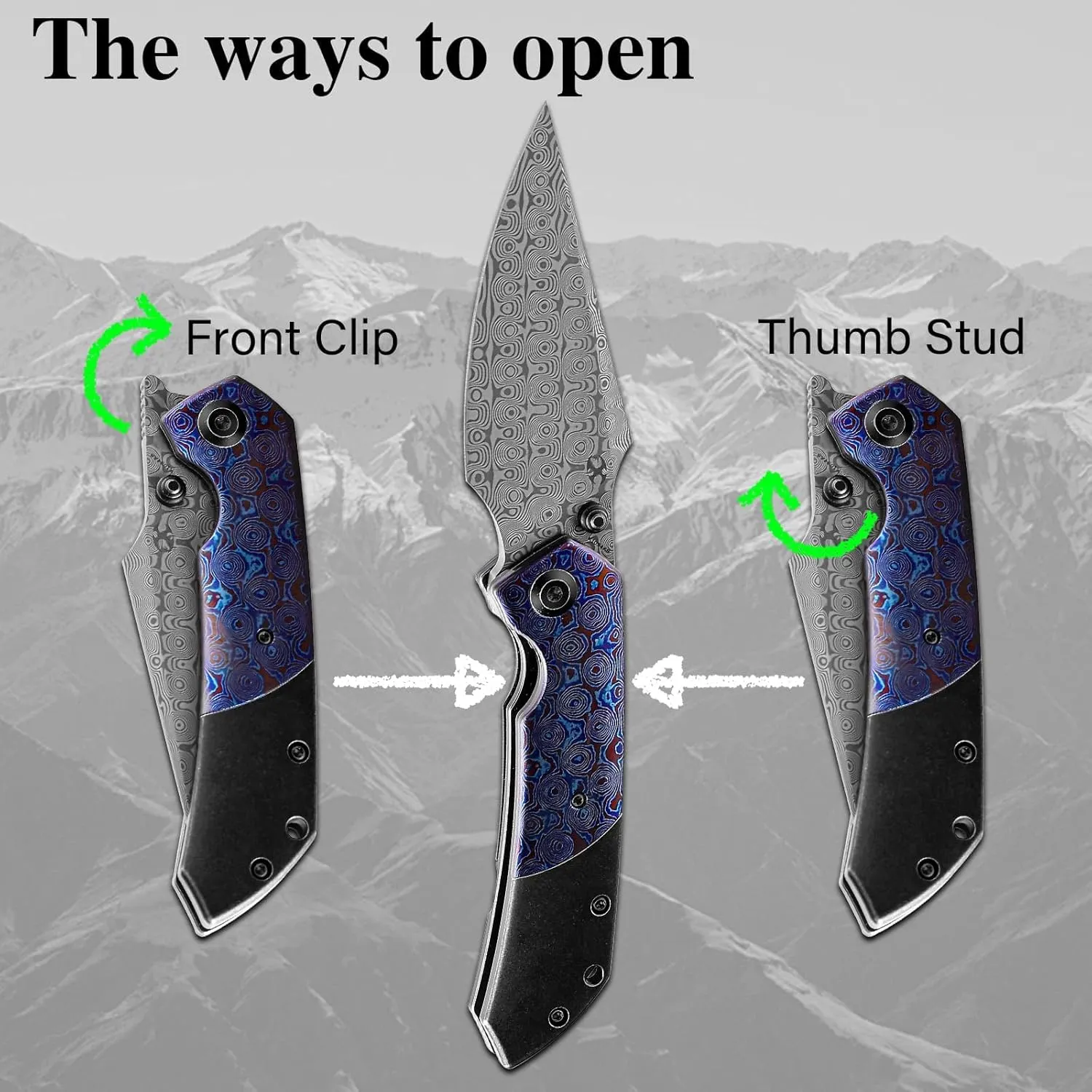 KANSEPT Fenrir Pocket Folding Knives for Men Women EDC Camping Fishing Knives 3.48'' Damascus Harpoon Blade Knives with Black Stonewashed Titanium Timascus Handle and Ti Clip Tactical K1034A8