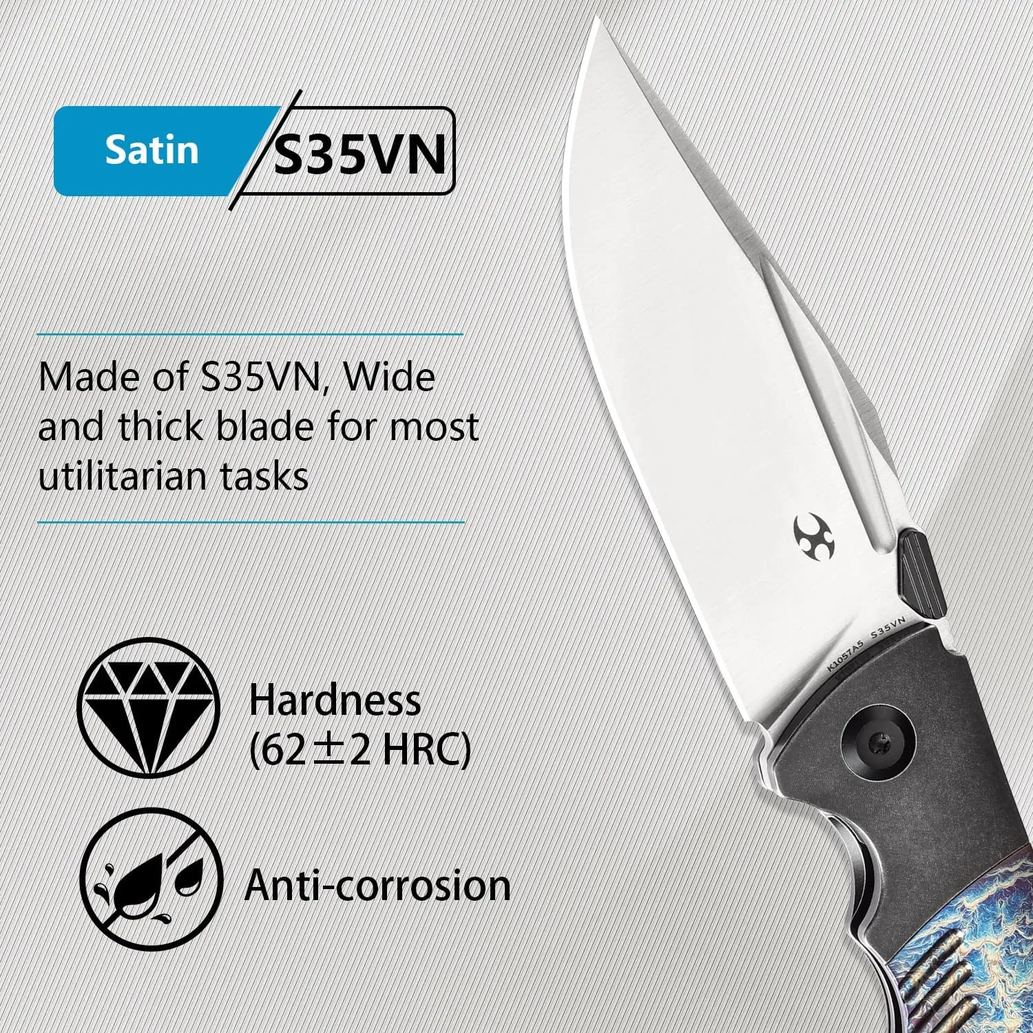 KANSEPT Hinterland Pocket Folding Knives for Men EDC Camping Folding Knife 3.58'' Satin CPM S35VN Blade Pocket Knife with Blackwash Titanium Lightning Strike Finished Titanium Inlay Handle K1057A5