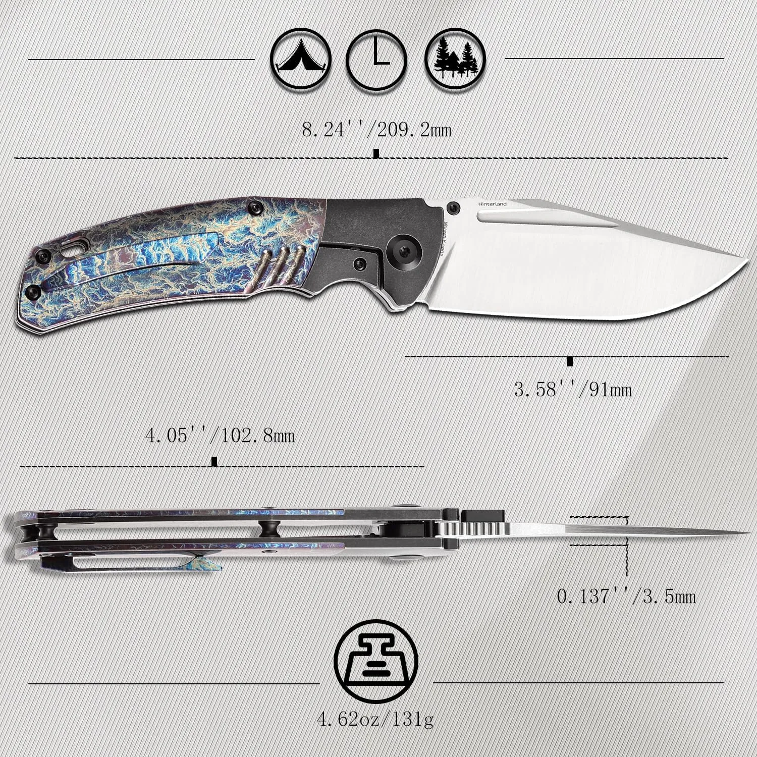 KANSEPT Hinterland Pocket Folding Knives for Men EDC Camping Folding Knife 3.58'' Satin CPM S35VN Blade Pocket Knife with Blackwash Titanium Lightning Strike Finished Titanium Inlay Handle K1057A5