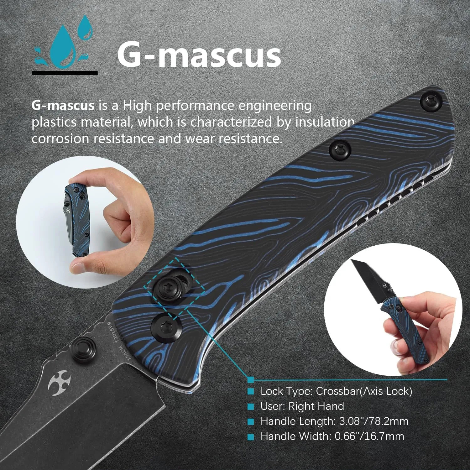 KANSEPT Little Main Street Small Pocket Folding Knives EDC Axis Lock Camping Knife 2.26'' Blackwash 154CM Blade Knife with Blue & Black G-mascus Handle for Men Women Boxing Opener Everyday Carry T2015V9