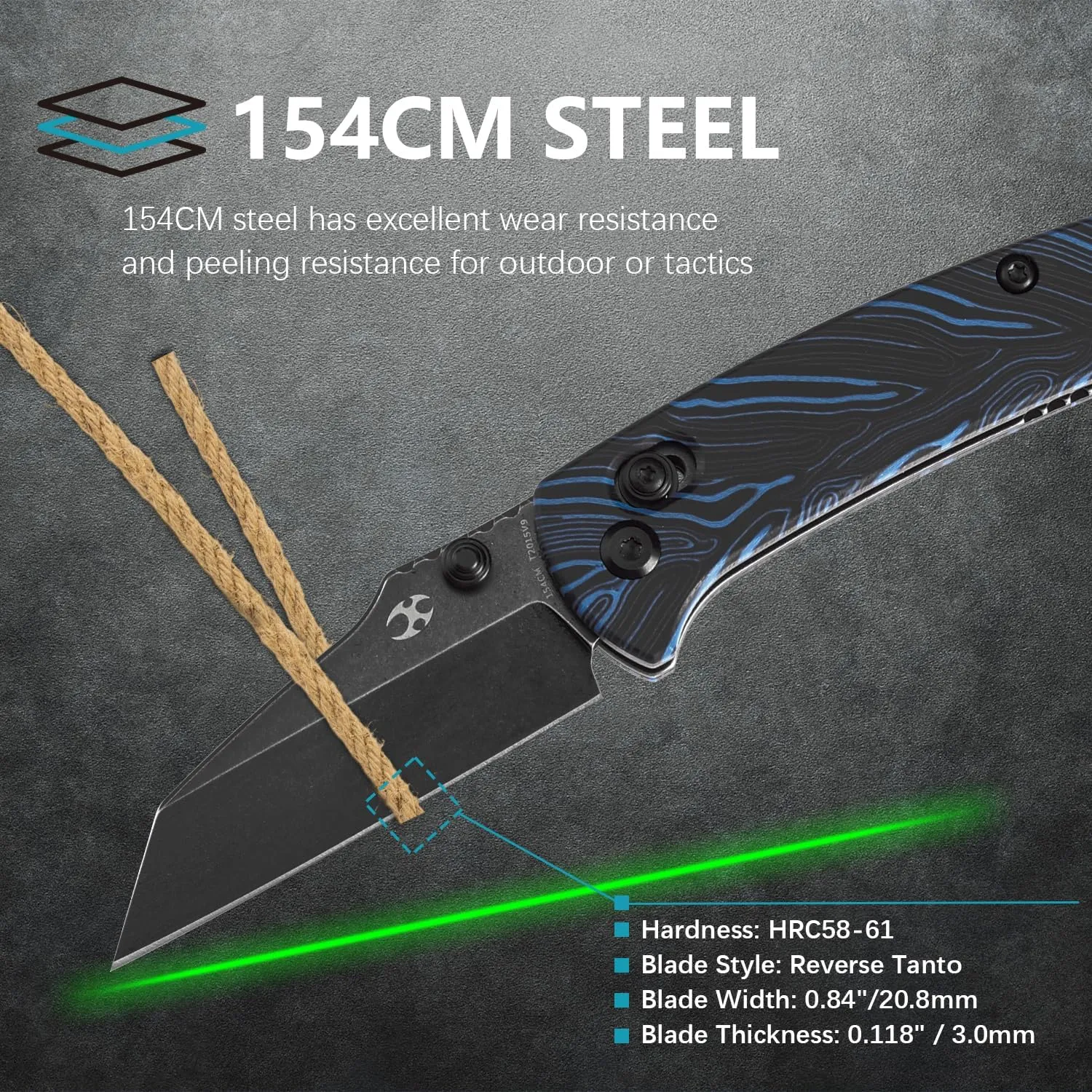 KANSEPT Little Main Street Small Pocket Folding Knives EDC Axis Lock Camping Knife 2.26'' Blackwash 154CM Blade Knife with Blue & Black G-mascus Handle for Men Women Boxing Opener Everyday Carry T2015V9