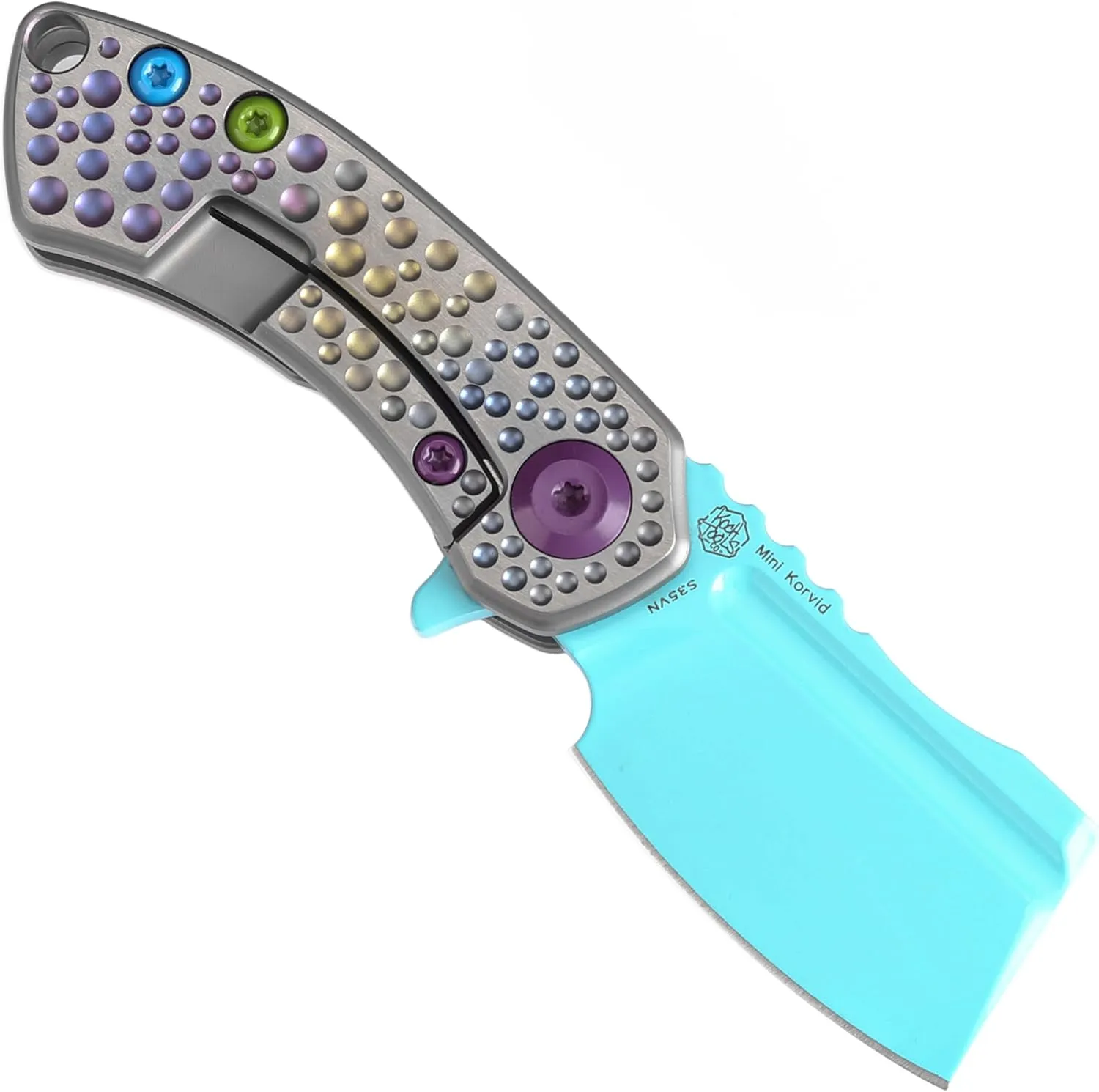 KANSEPT Mini Korvid Pocket Folding Knives EDC Camping Folding Knife 1.45'' Light Blue S35VN Blade Pocket EDC Knife with Gradient Titanium Handle With Dimples Handle Everyday Carry K3030A10