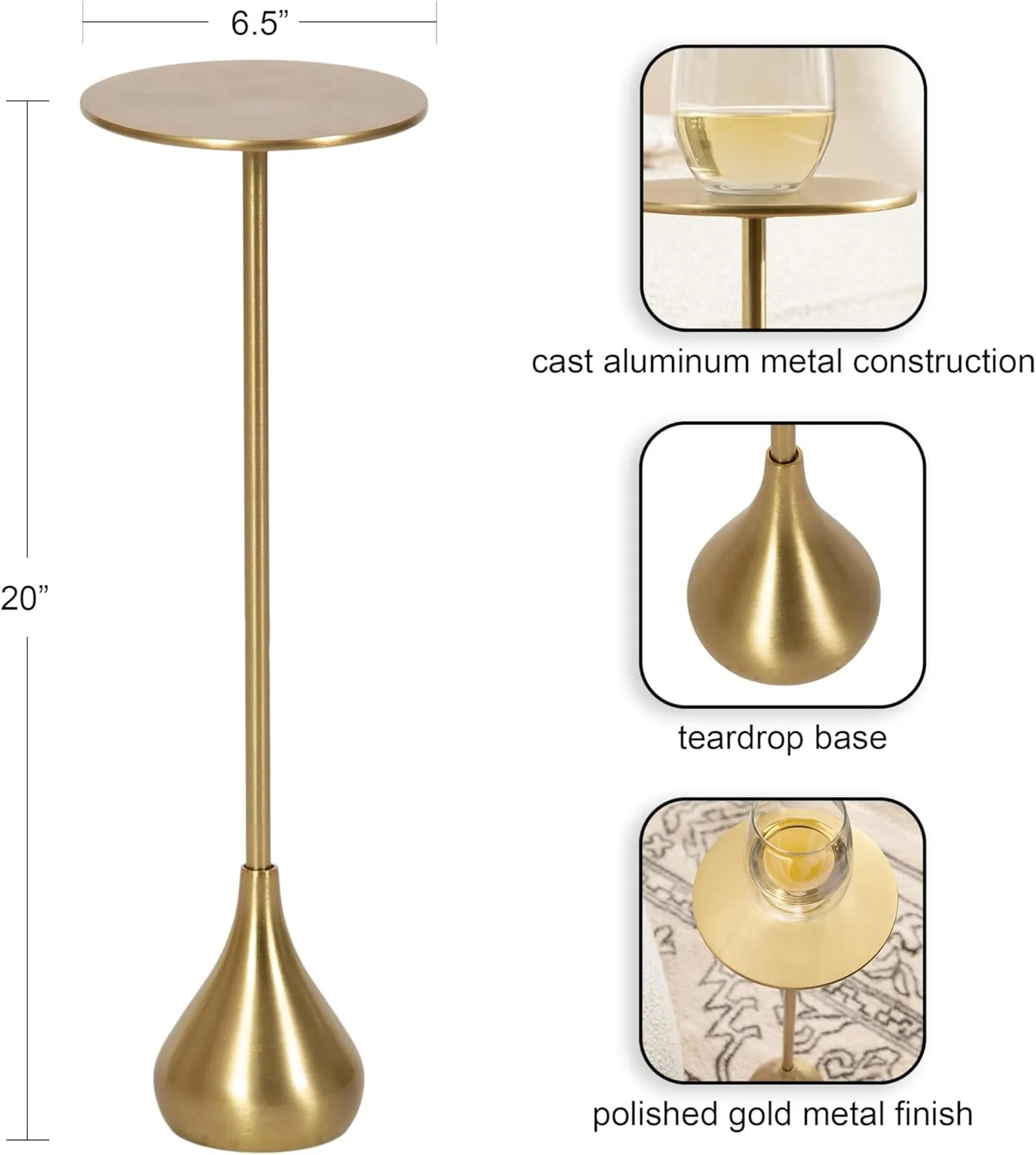 Kate and Laurel Hersi Decorative Modern Pedestal Drink Table, 7 x 7 x 20, Black, Cast Aluminum Mini Table with Teardrop Base for Use as Small Plant Stand or Living Room Martini Table