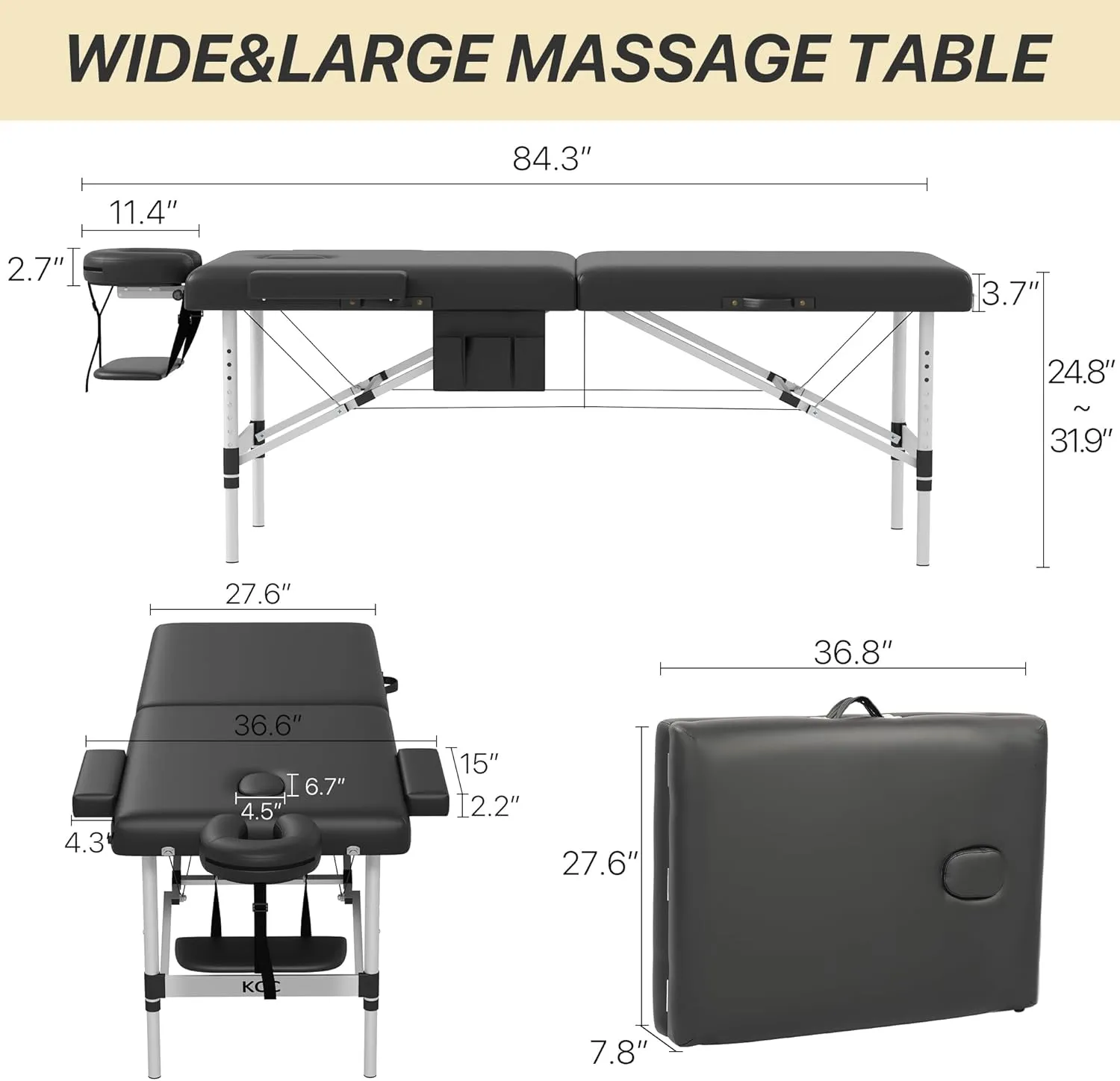 KCC Memory Foam Massage Table Premium Portable Foldable Massage Bed Height Adjustable, 84 Inches Long 28 Inchs Wide Home Salon Spa Bed Tattoo Table with Accessories &Carrying Case, Easy Set Up