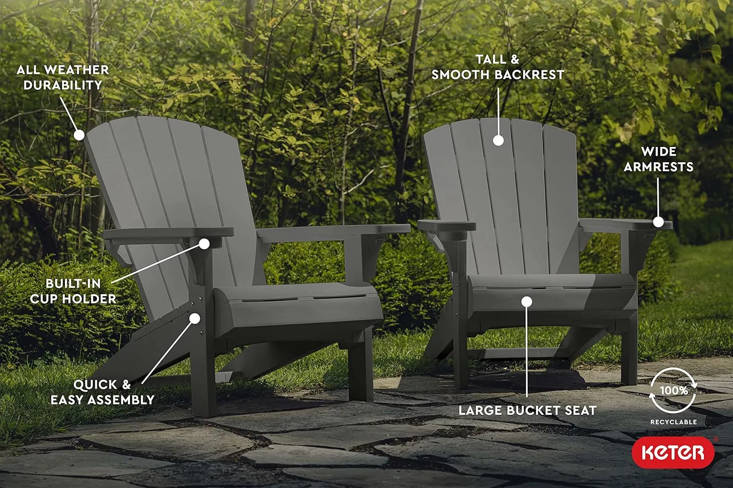 Keter Alpine Adirondack Resin Outdoor Furniture Patio Chairs with Cup Holder-Perfect for Beach, Pool, and Fire Pit Seating, Grey