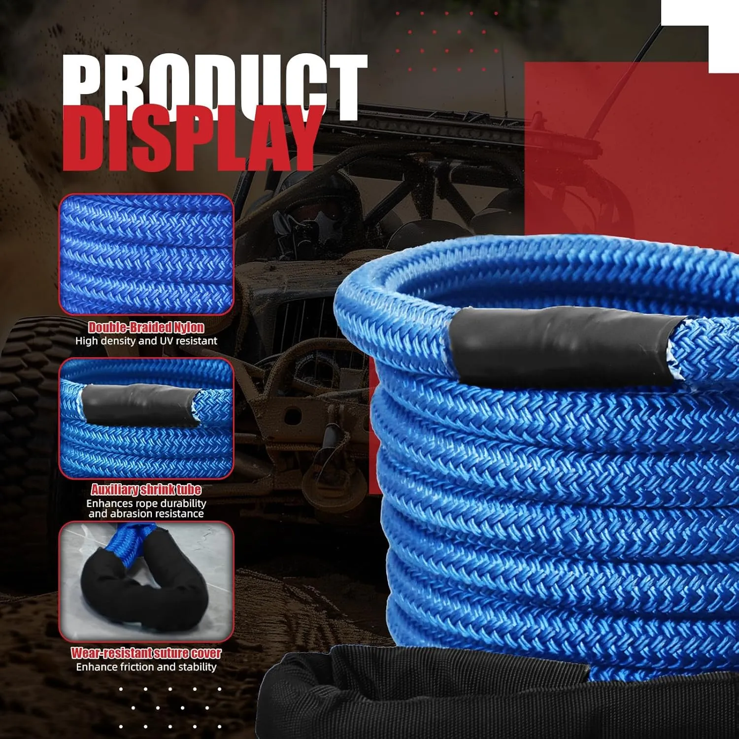 Kinetic Recovery Tow Rope (36000lbs) with 2 UHMWPE Soft Shackles (40000lbs), Heavy-Duty Offroad Snatch Strap, Vehicle Recovery kit for Jeep car Truck ATV UTV SUV (Royal Blue, 1'x30')