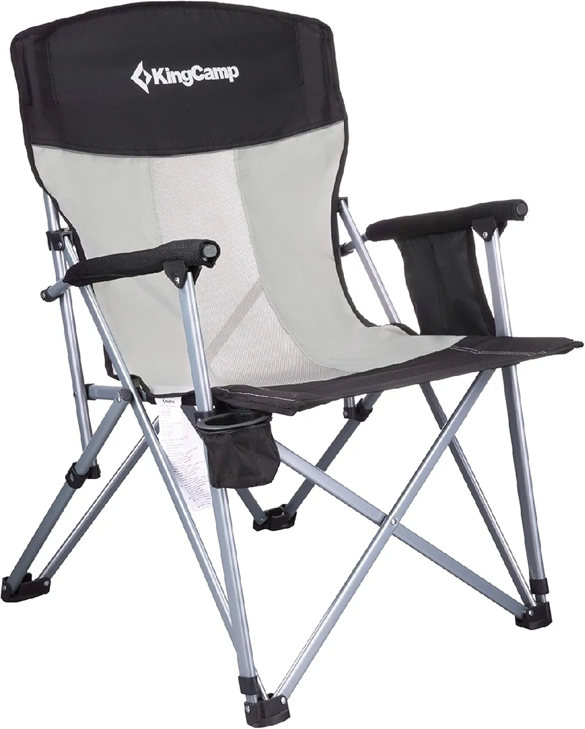 KingCamp Arm Folding Camp High Back Ergonom Outdoor Sports Chair for Adults with Cup Holder, Pocket, for Travel Picnic Hiking, Supports 300 lbs, 21 x 32 x 37 inches, Black/Gray